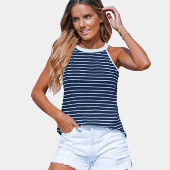 Tops - Women's Blue-and-White Stripe Round Neck Tank -Cupshe
